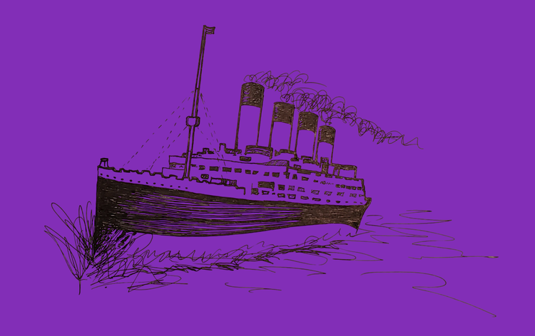 Black ink drawing of the Titanic plowing through waves under full head of steam, against a deep purple background